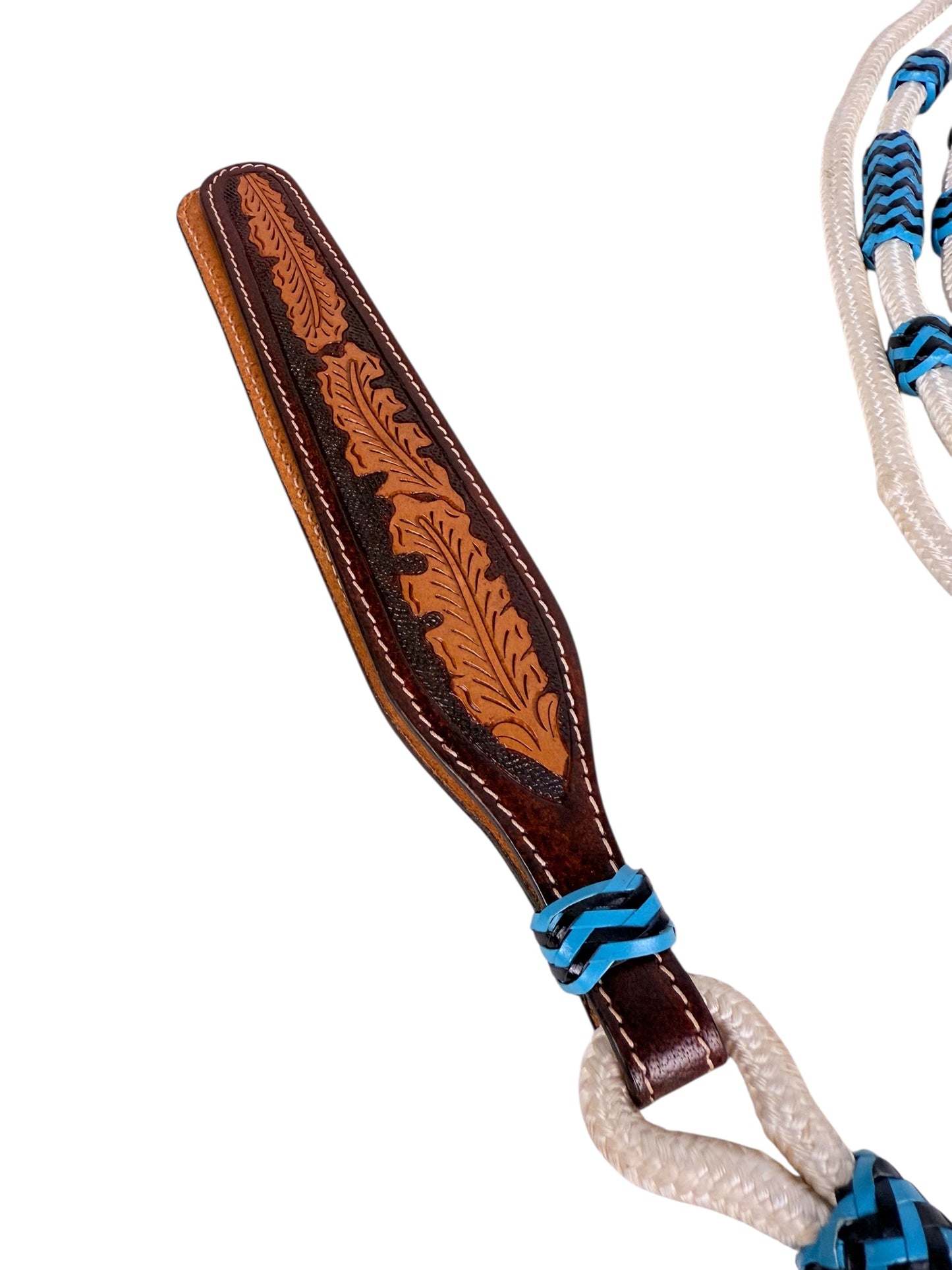 Poly Rope Romal Reins - Turquoise Rawhide Knots