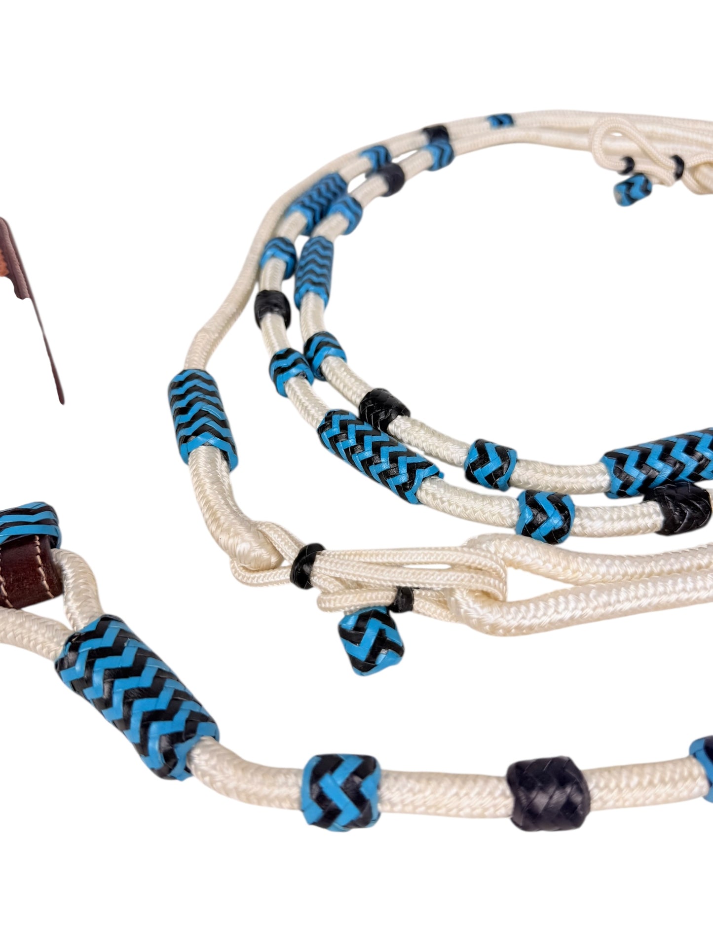 Poly Rope Romal Reins - Turquoise Rawhide Knots