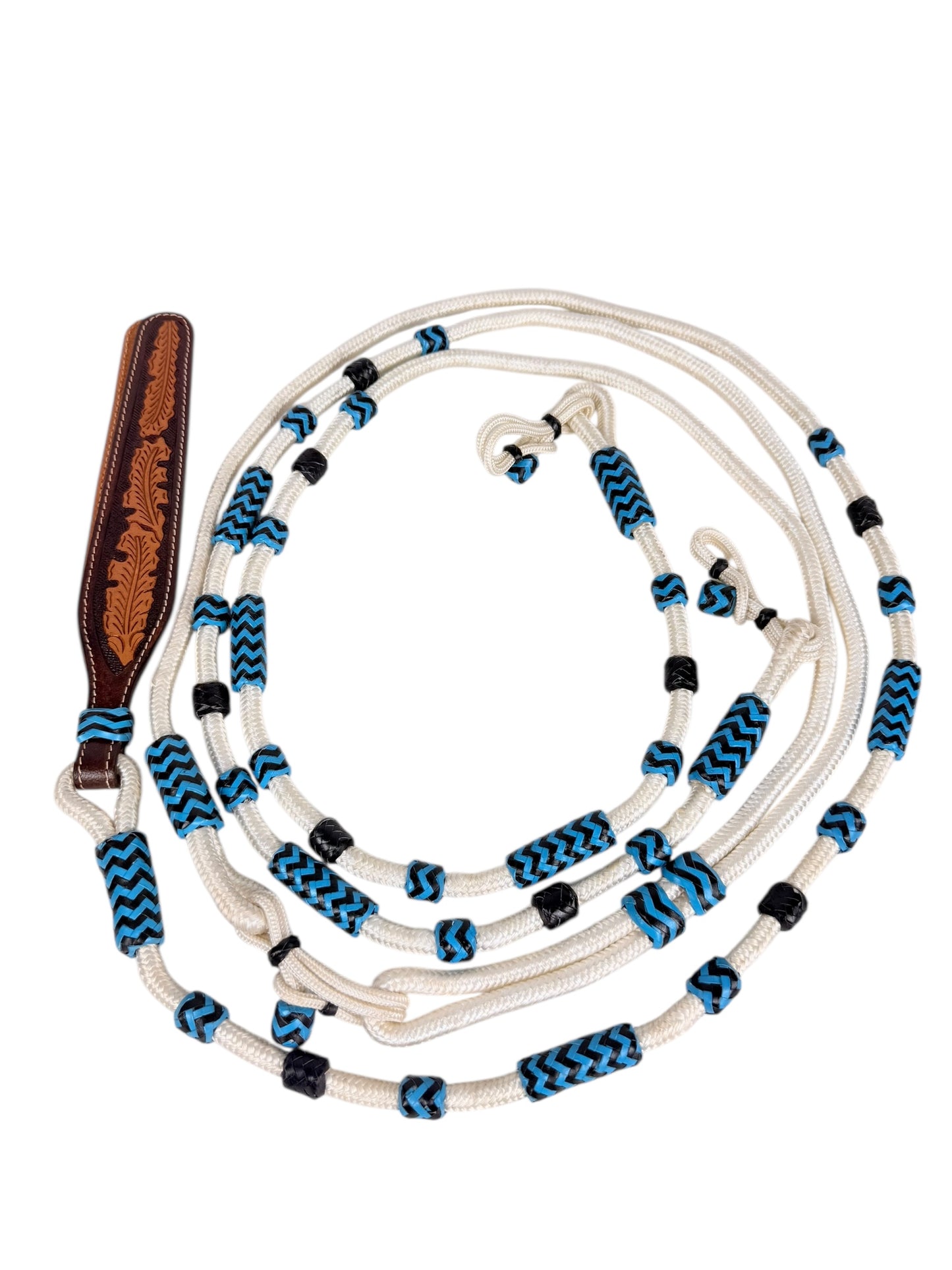 Poly Rope Romal Reins - Turquoise Rawhide Knots