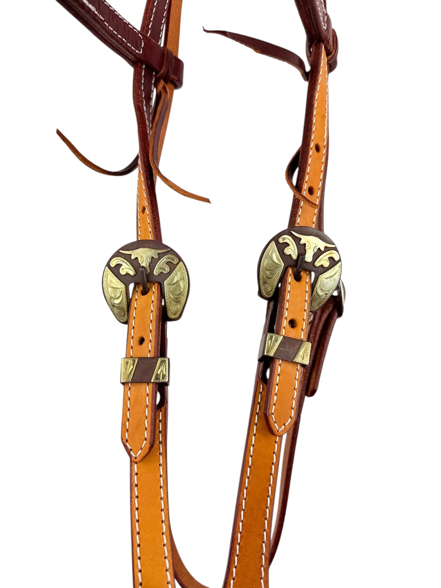 Two Tone Leather Browband Headstall - Longhorn Buckle Set