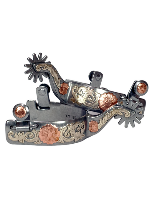 Tyler Men's Chrome & Copper Floral Spurs (12 Point)